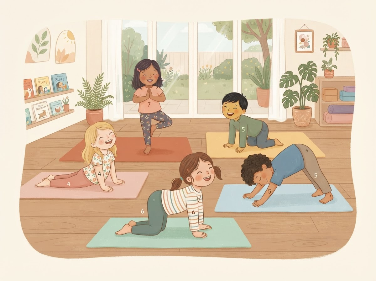 Illustration of children joyfully doing animal-themed yoga poses on colorful mats