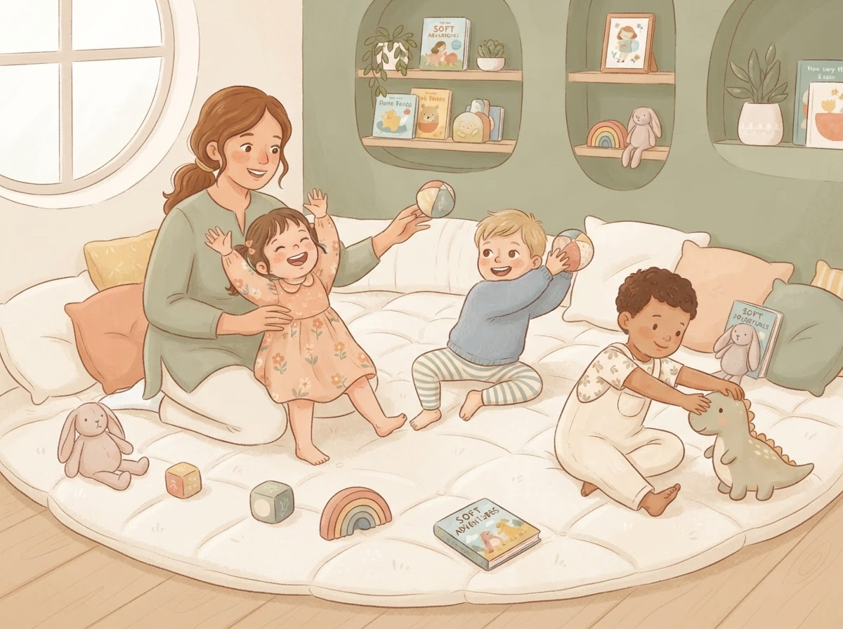Illustration of toddlers playing and stretching on a soft mat with a caregiver
