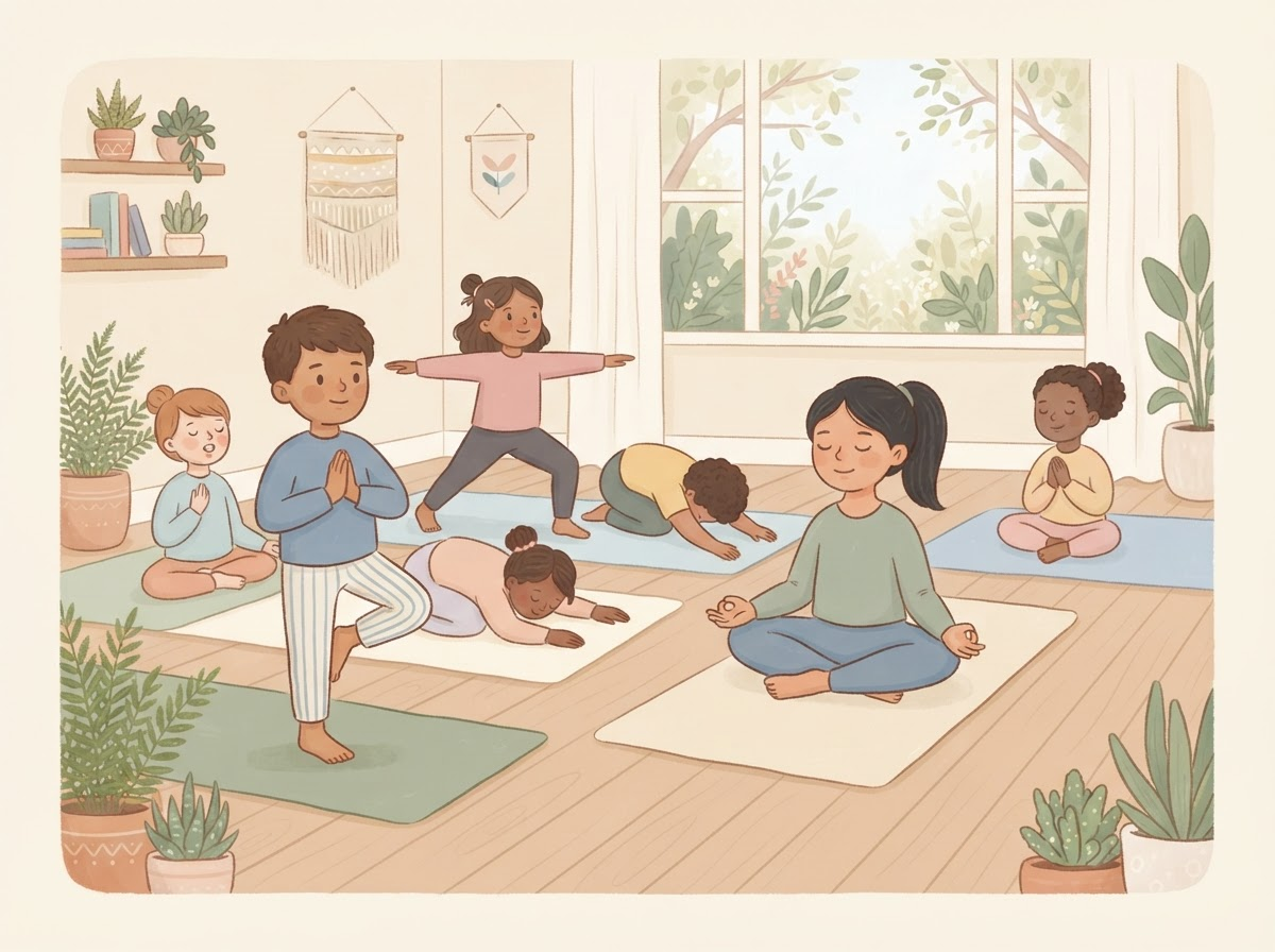 Illustration of older children practicing calm yoga poses and mindful breathing