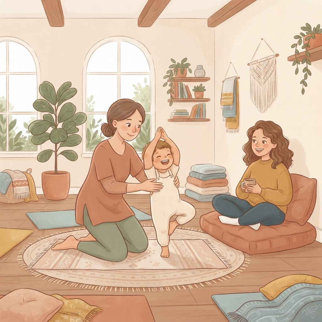 A teacher gently guiding a toddler through a playful yoga stretch while a parent watches nearby