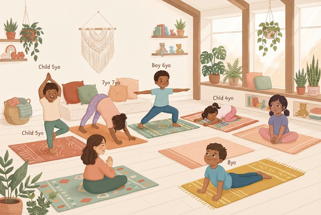 Children doing playful yoga poses together in a bright, sunlit studio